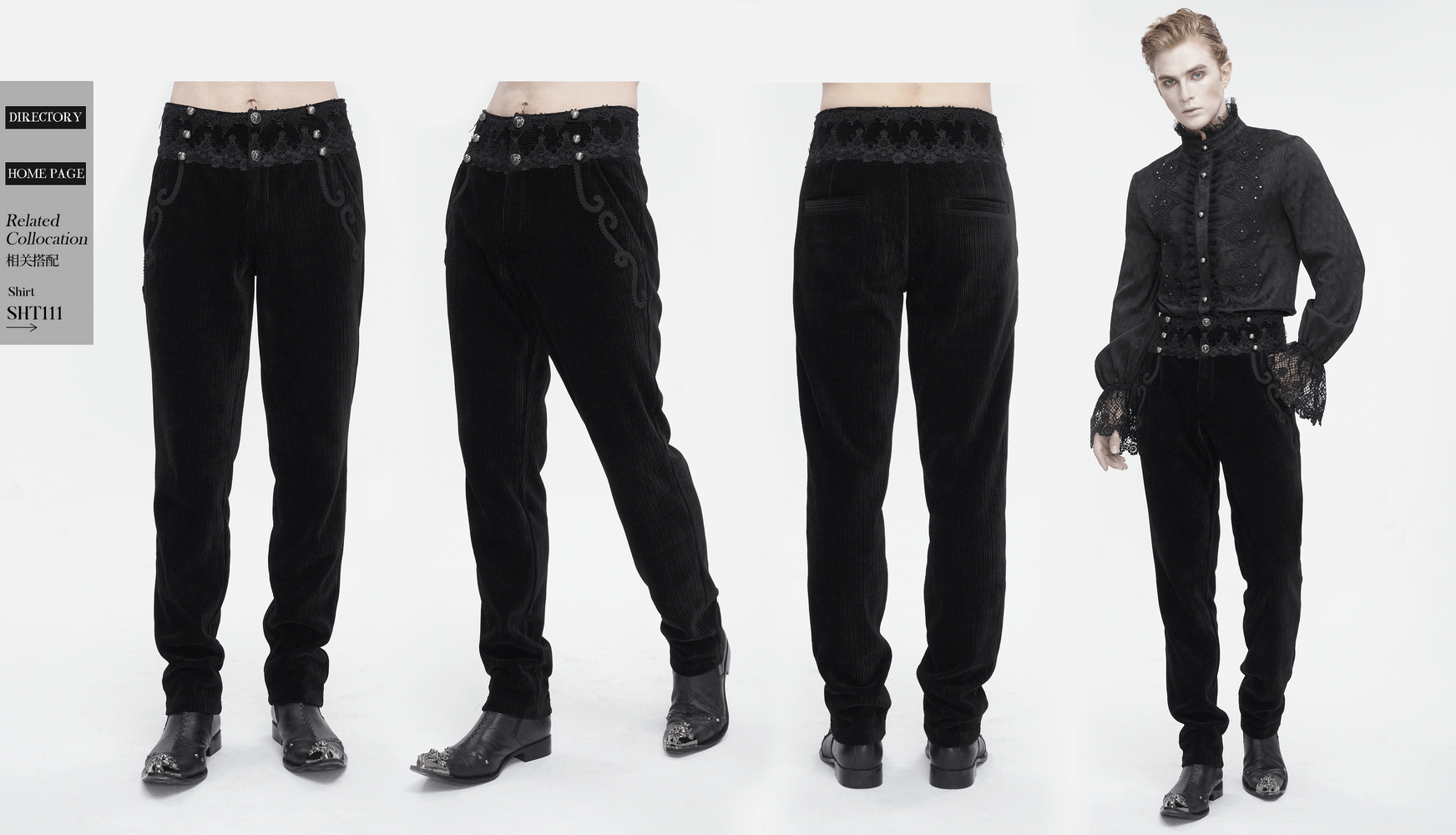 Vintage-inspired black corduroy pants with elegant lace detail, tailored for a modern vintage look.