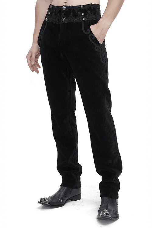 Vintage-Inspired Black Corduroy Pants with Lace Detail