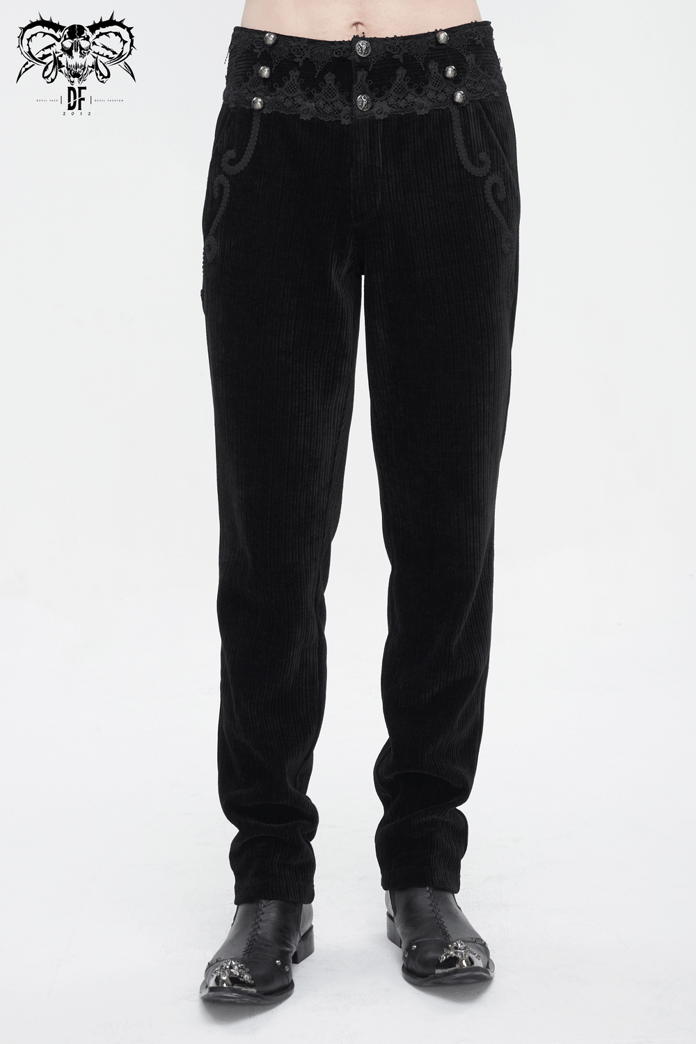 Vintage-inspired black corduroy pants with lace trim, perfect blend of classic and modern style.