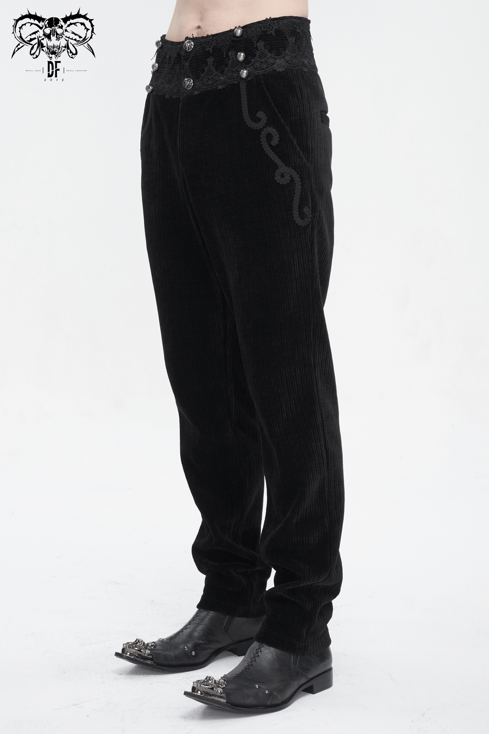 Men's vintage-inspired black corduroy pants with lace trim and stylish design details.