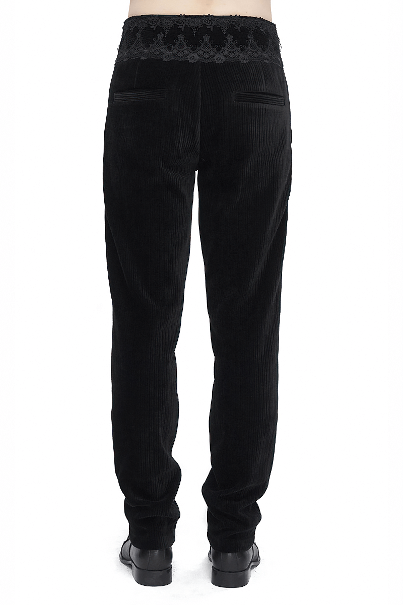 Back view of vintage-inspired black corduroy pants with lace detail, showcasing modern style and sleek design.