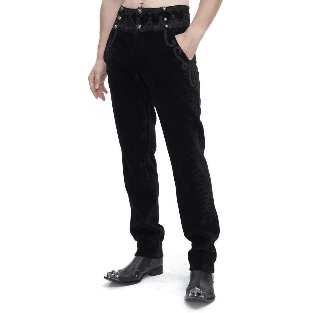 Vintage-Inspired Black Corduroy Pants with Lace Detail - HARD'N'HEAVY