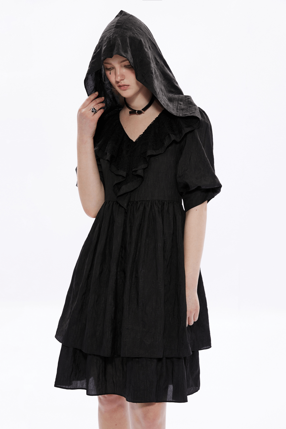 Vintage-Inspired Hooded Ruffle Gothic Midi Dress