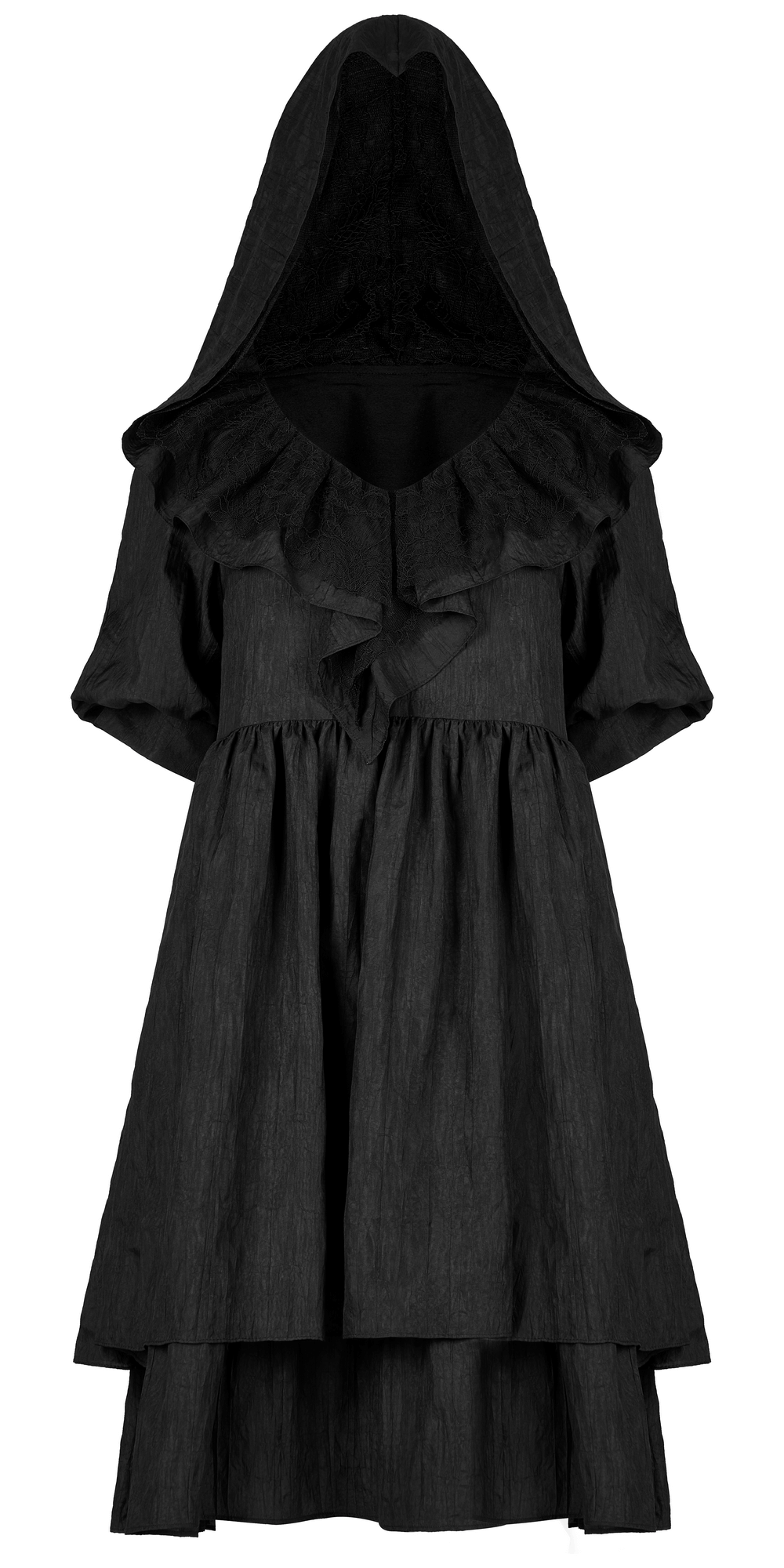 Vintage-Inspired Hooded Ruffle Gothic Midi Dress