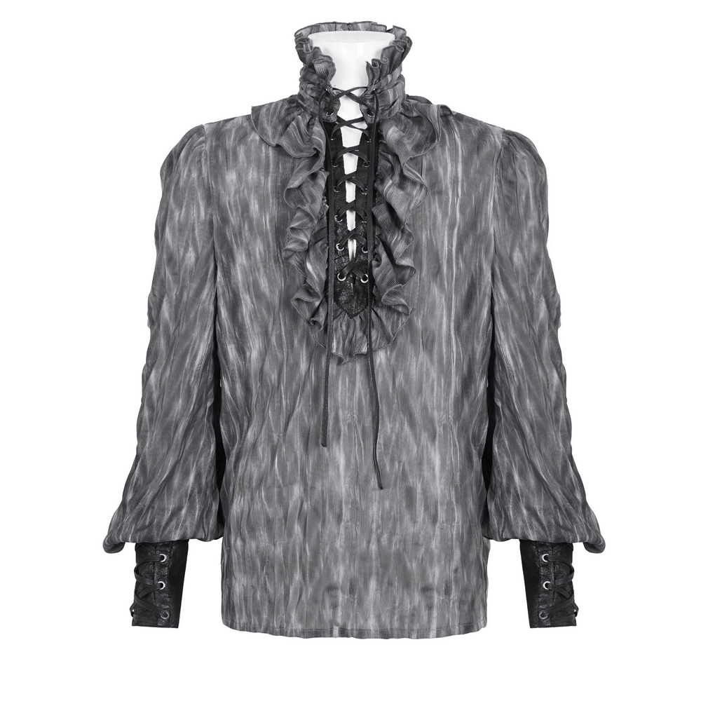 Vintage-inspired lace-up ruffle gothic shirt for men, blending Victorian elegance with modern style.