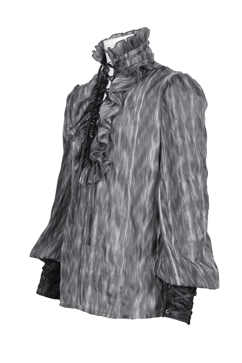 Vintage-inspired lace-up ruffle Gothic shirt for men, showcasing a chic Victorian design with dramatic texture.