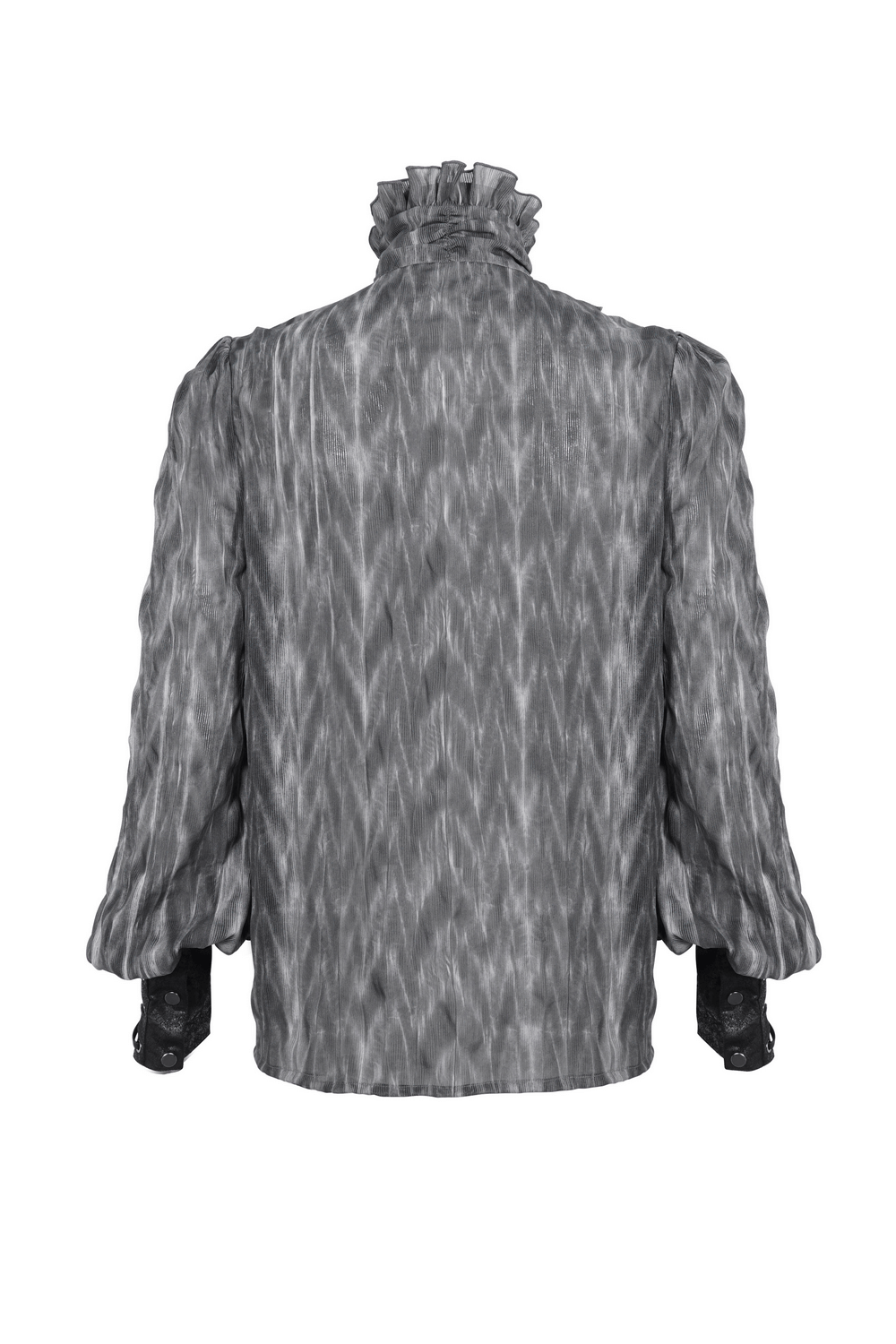 Back view of Vintage-Inspired Lace-Up Ruffle Gothic Shirt for Men in textured grey fabric.