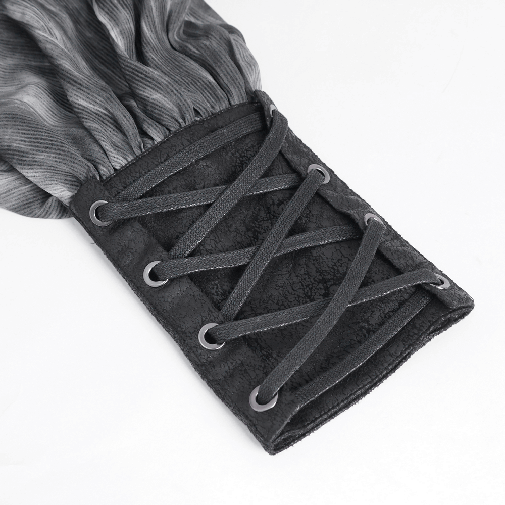 Detail of lace-up cuff on Vintage-Inspired Gothic Shirt showcasing ruffles and textured fabric.