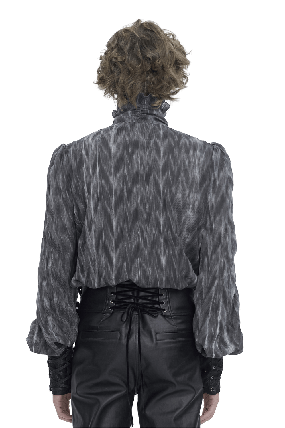 Back view of a vintage-inspired ruffle gothic shirt, showcasing intricate lace-up details and Victorian-style elegance.