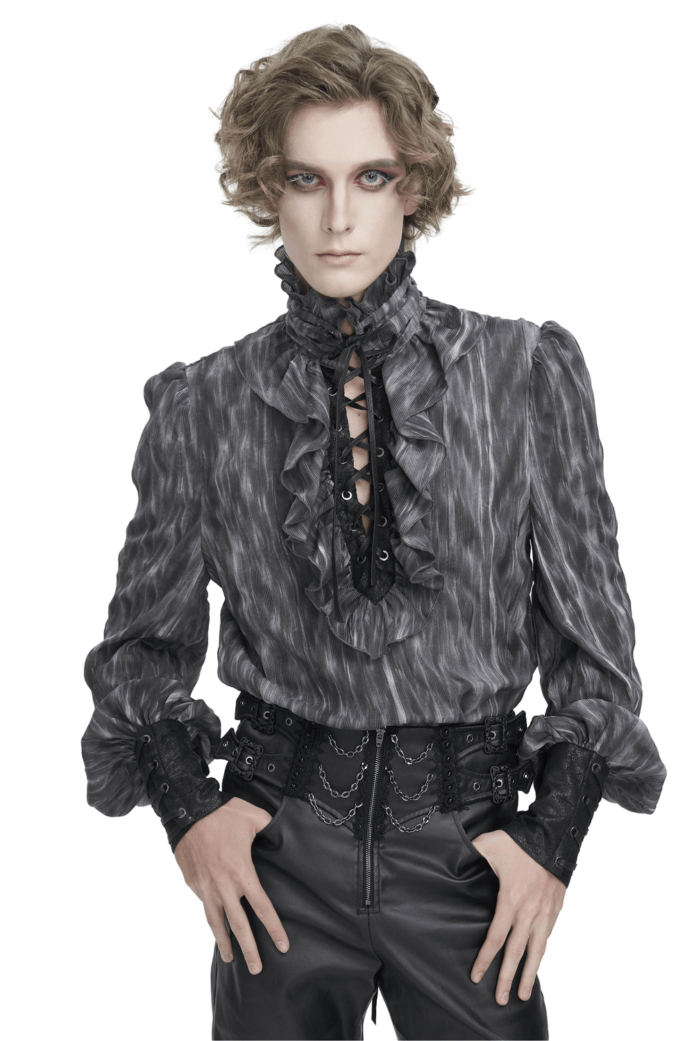 Vintage-Inspired Lace-Up Ruffle Gothic Shirt for Men, showcasing Victorian elegance with a modern twist.
