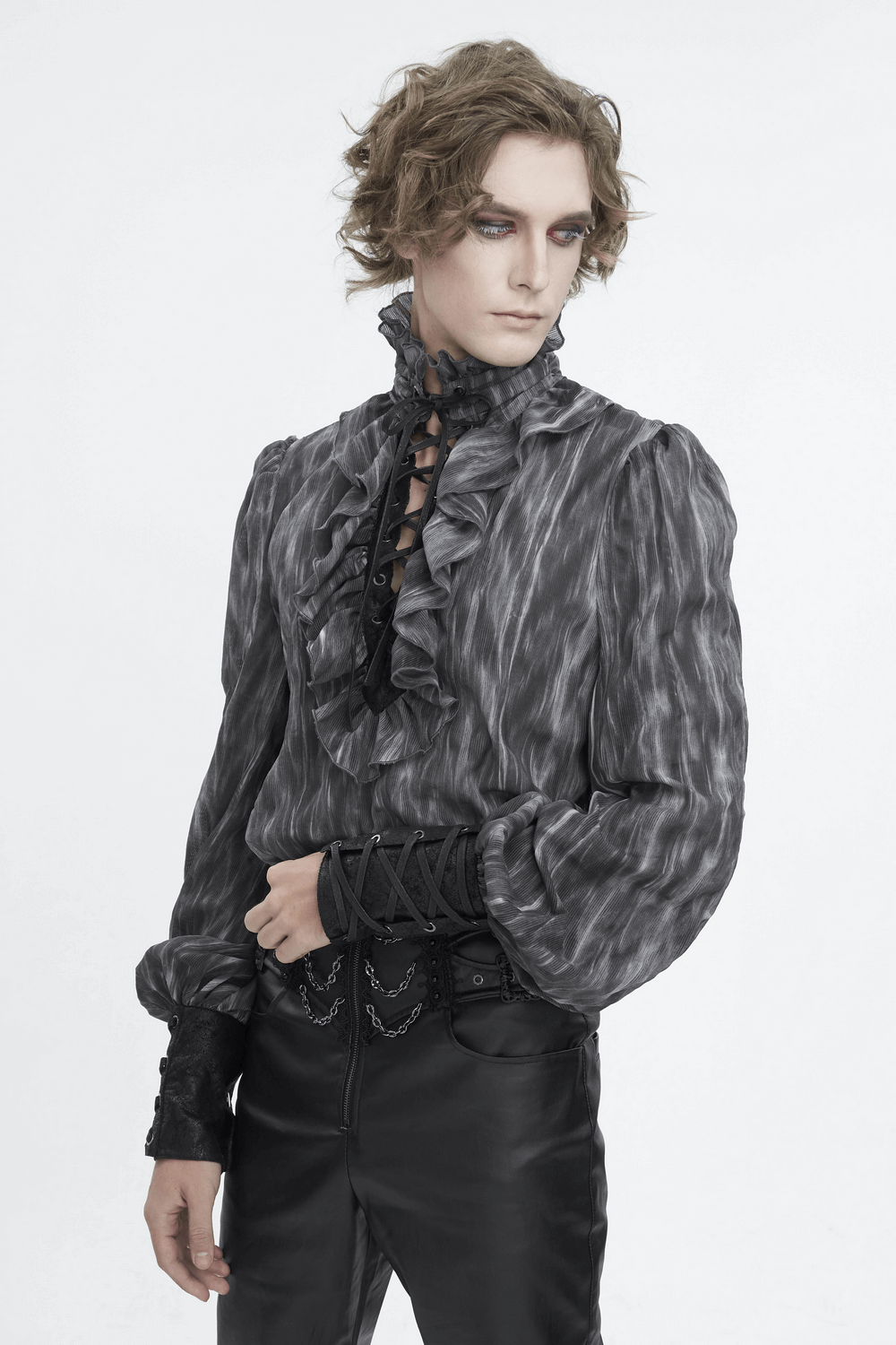 Men's vintage-inspired lace-up ruffle Gothic shirt in textured gray fabric with dramatic ruffles and Victorian style.