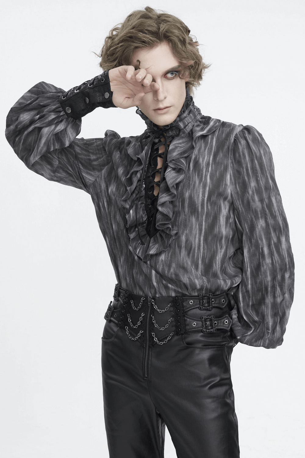 Vintage-Inspired Lace-Up Ruffle Gothic Shirt with dramatic sleeves and textured fabric, perfect for a chic gothic look.