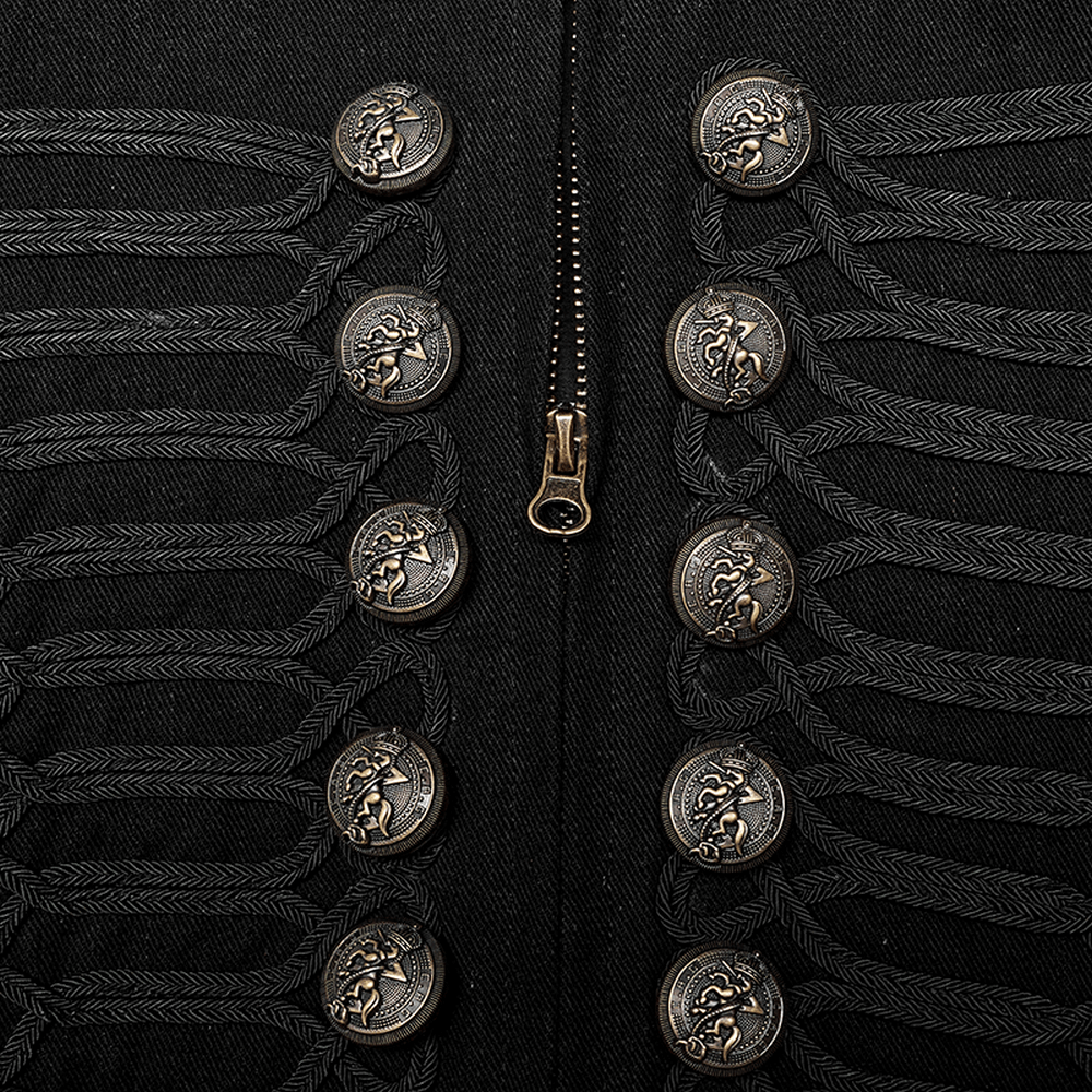 Close-up of a vintage-inspired military jacket's intricate buttons and zipper detail on textured fabric.