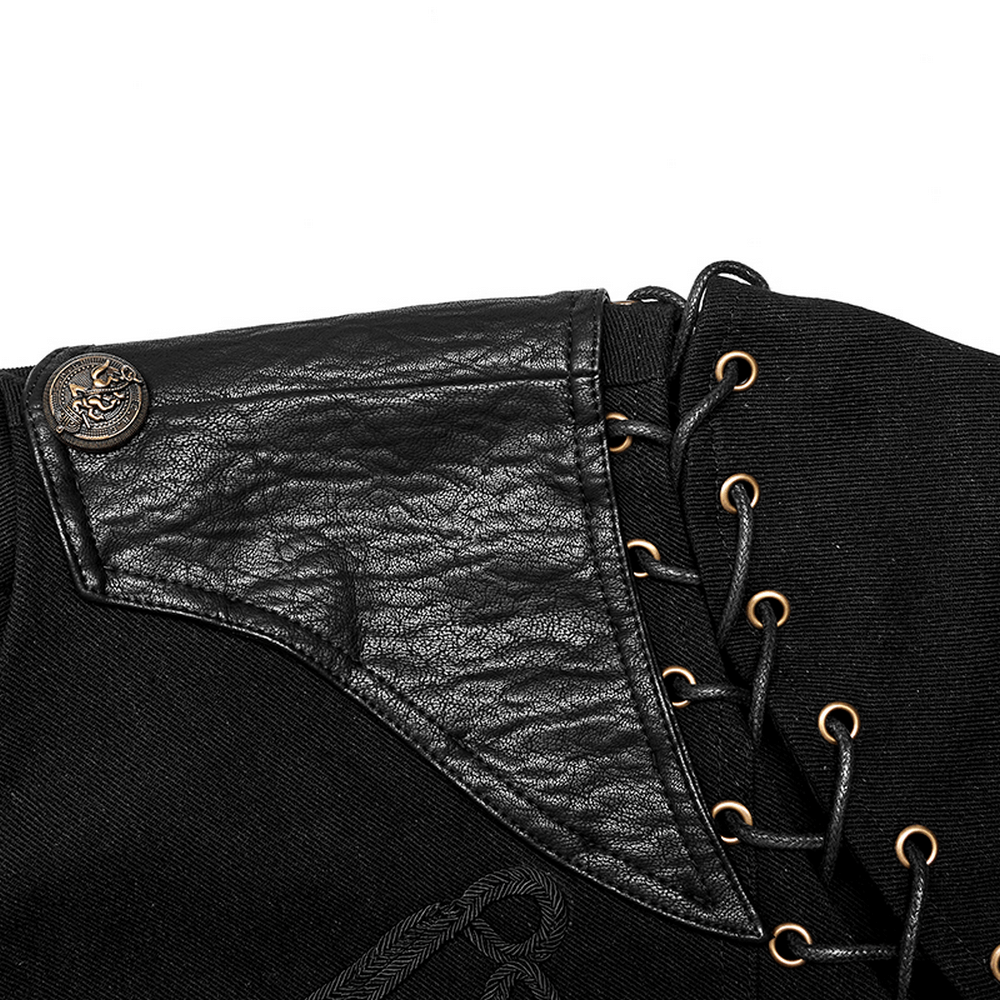 Close-up of vintage-inspired military jacket with faux leather and twill details, showcasing intricate lacing.