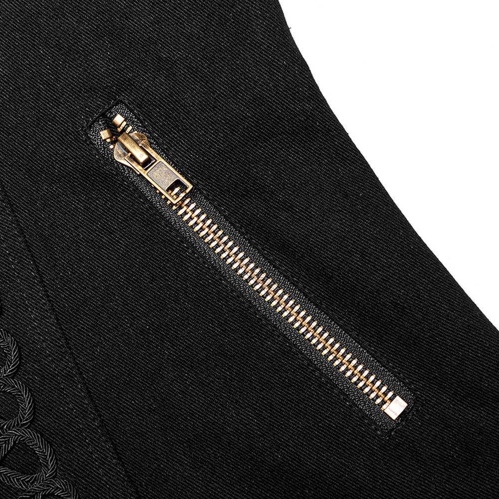 Close-up of a vintage-inspired military jacket zipper, showcasing gold detailing and sleek design.