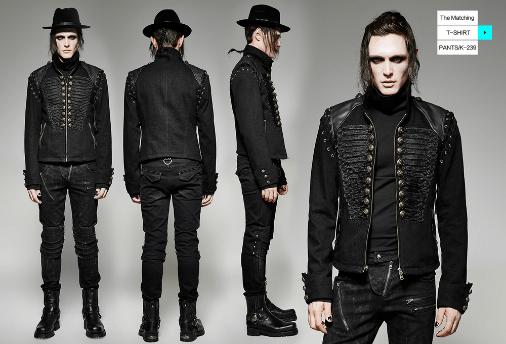 Edgy vintage-inspired military jacket with detachable sleeves, styled with textured faux leather and military details.