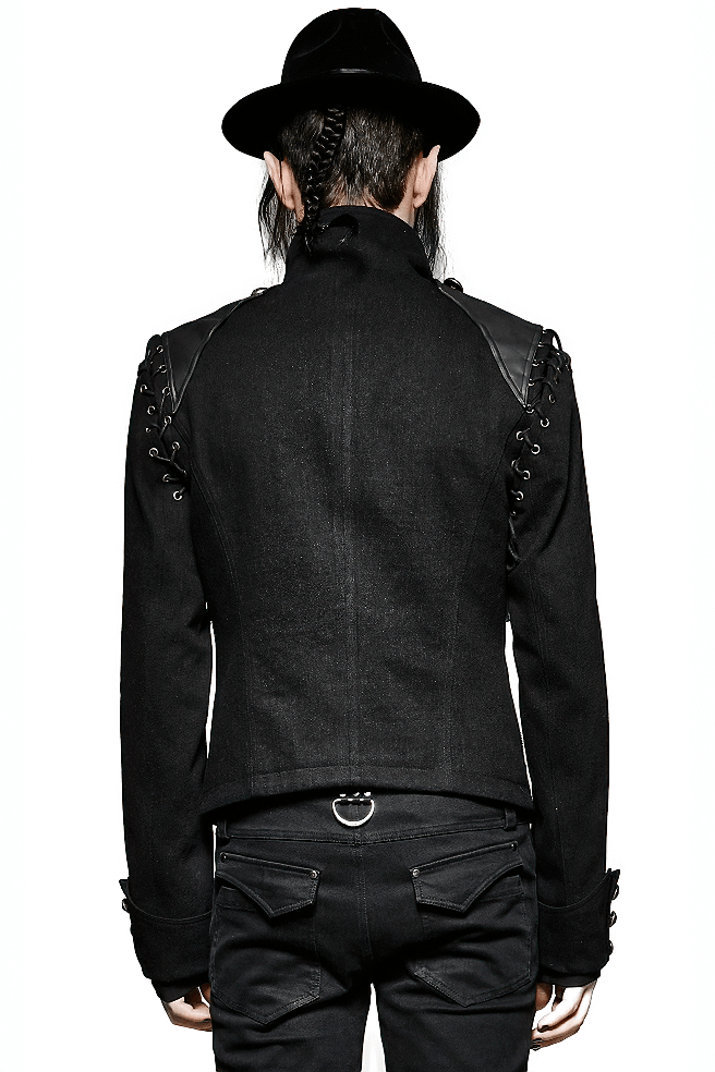 Back view of a vintage-inspired military jacket with detachable sleeves and stylish faux leather accents.