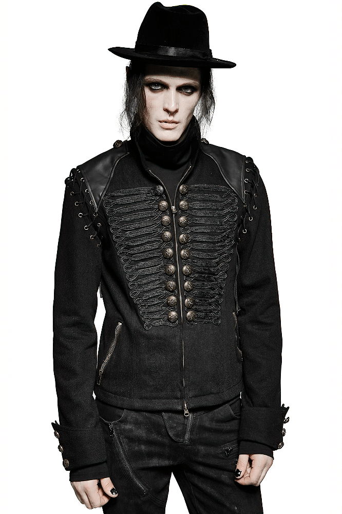 Vintage-inspired military jacket with detachable sleeves, showcasing edgy design and faux leather accents.