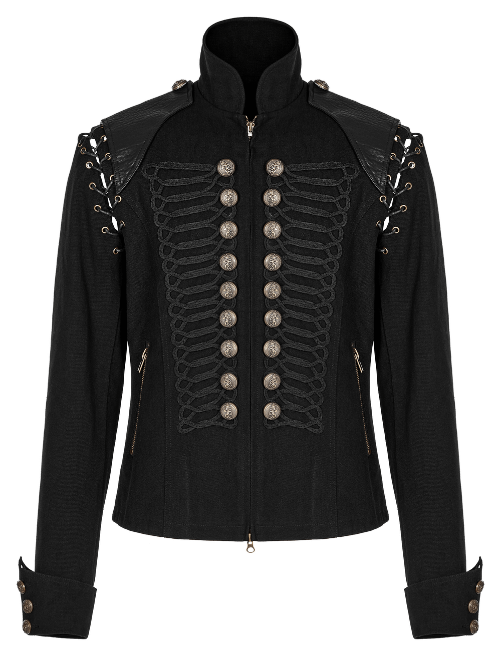 Vintage-inspired military jacket with detachable sleeves, featuring detailed buttons and a stylish collar.