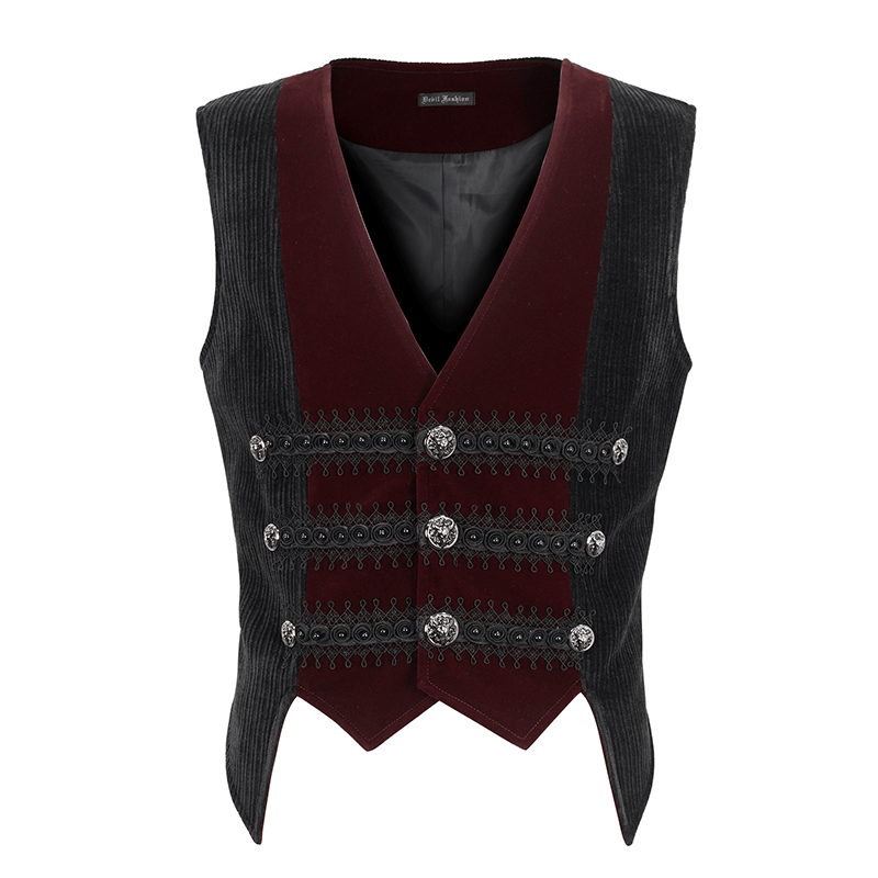 Vintage irregular velvet V-neck waistcoat with buttons for men in dark colors, combining classic elegance and alternative style.