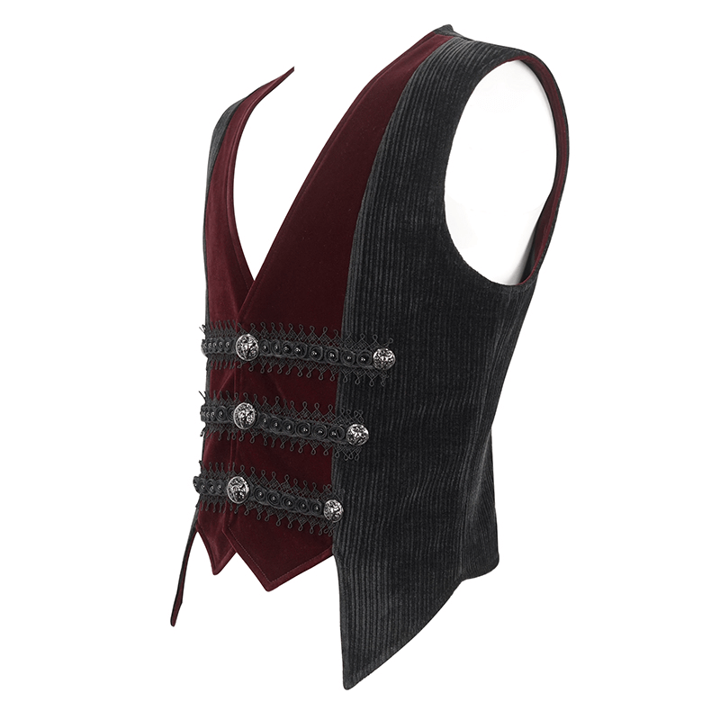 Vintage irregular velvet V-neck waistcoat for men with buttons, blending classic and alternative styles.