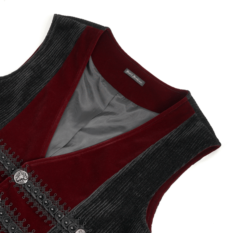 Vintage irregular velvet V-neck waistcoat for men in burgundy and black, showcasing classic buttons and elegant texture.