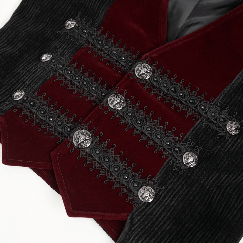 Close-up of a vintage velvet V-neck waistcoat featuring ornate black buttons and rich burgundy fabric.