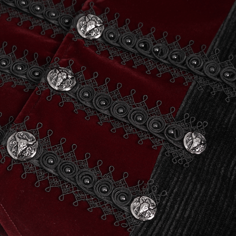 Close-up of vintage velvet waistcoat buttons and intricate detailing, showcasing alternative men's fashion.