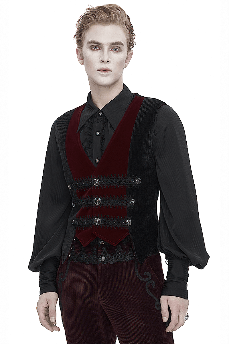 Man wearing a vintage irregular velvet V-neck waistcoat with buttons, showcasing alternative elegance.