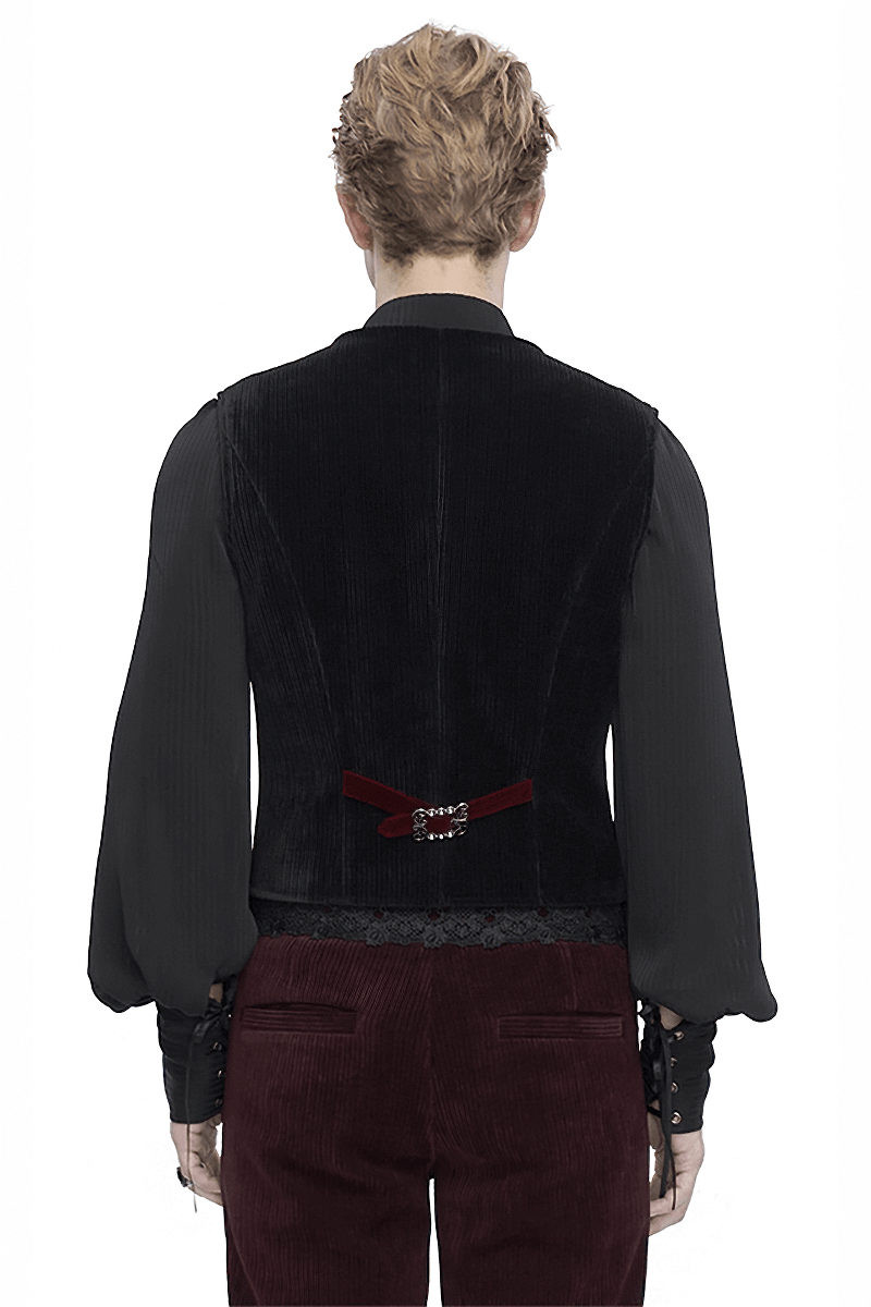 Back view of men's vintage velvet waistcoat showcasing elegant V-neck and unique fastening details.