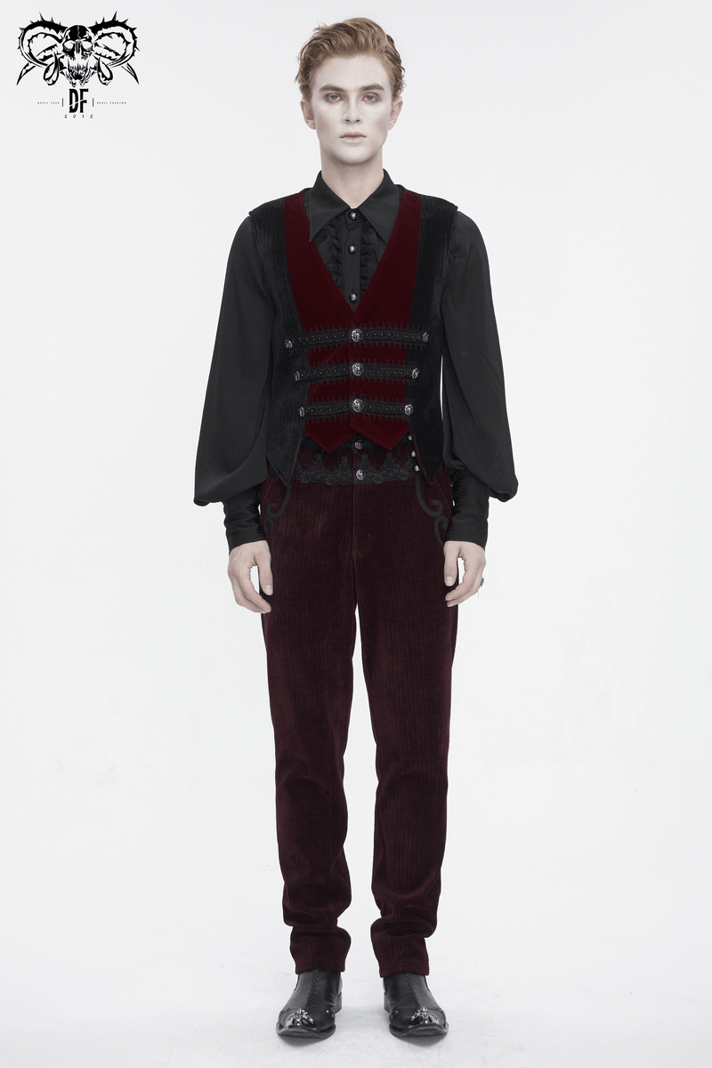 Man wearing a vintage irregular velvet V-neck waistcoat with buttons, paired with dark pants.