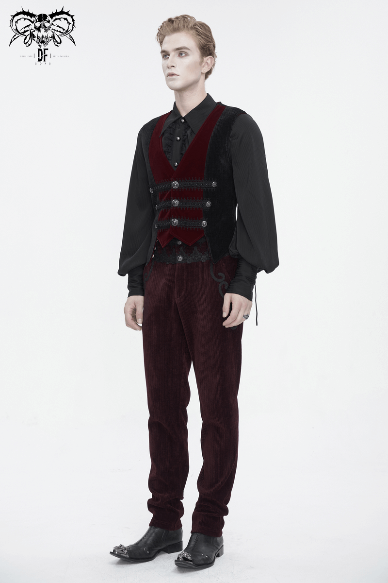 Stylish man in a vintage velvet V-neck waistcoat, showcasing alternative elegance and classic charm.