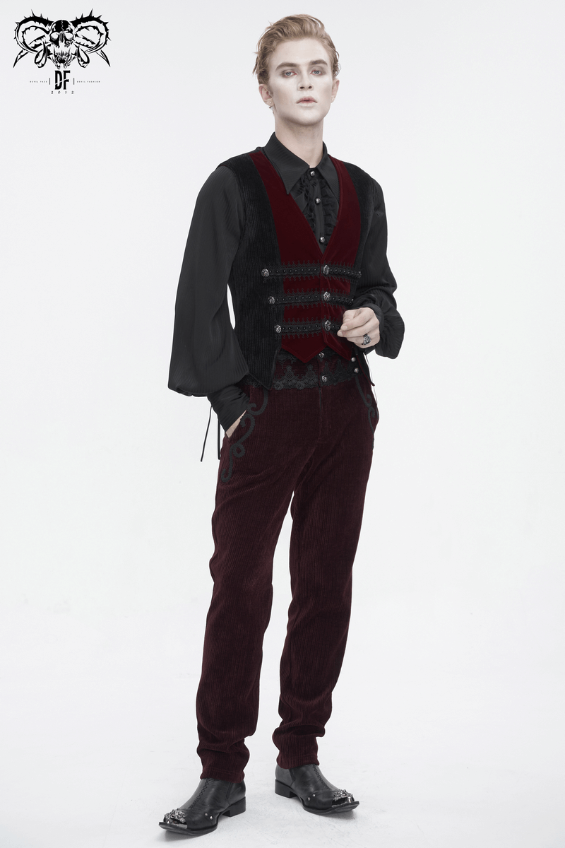 Men's vintage irregular velvet V-neck waistcoat styled with dark pants for an alternative elegant look.