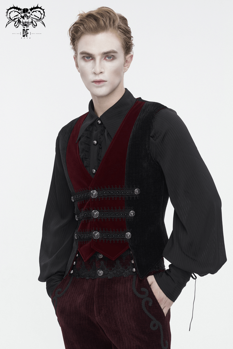 Men's vintage irregular velvet V-neck waistcoat with buttons, blending classic charm and modern alternative style.