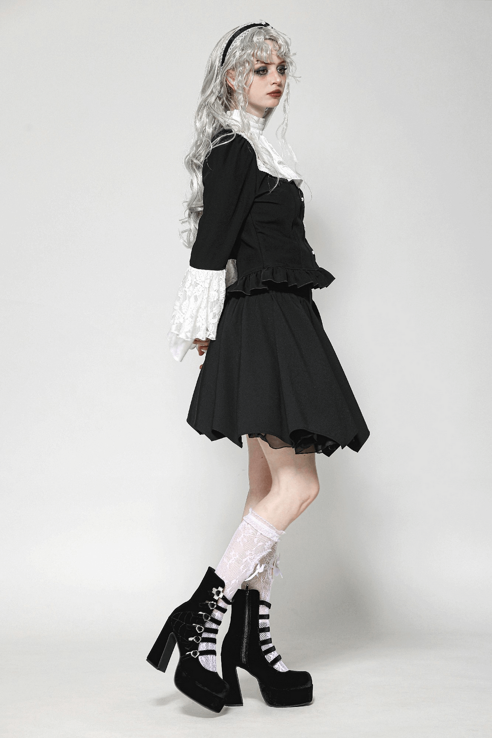 Model in a vintage-inspired black and white outfit with lace accents and dramatic bell sleeves, showcasing a playful peplum design.