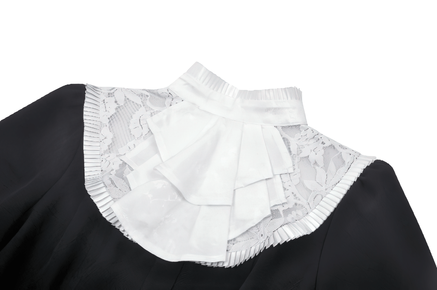 Close-up of vintage black blouse with white lace collar and pleated details, showcasing retro elegance.