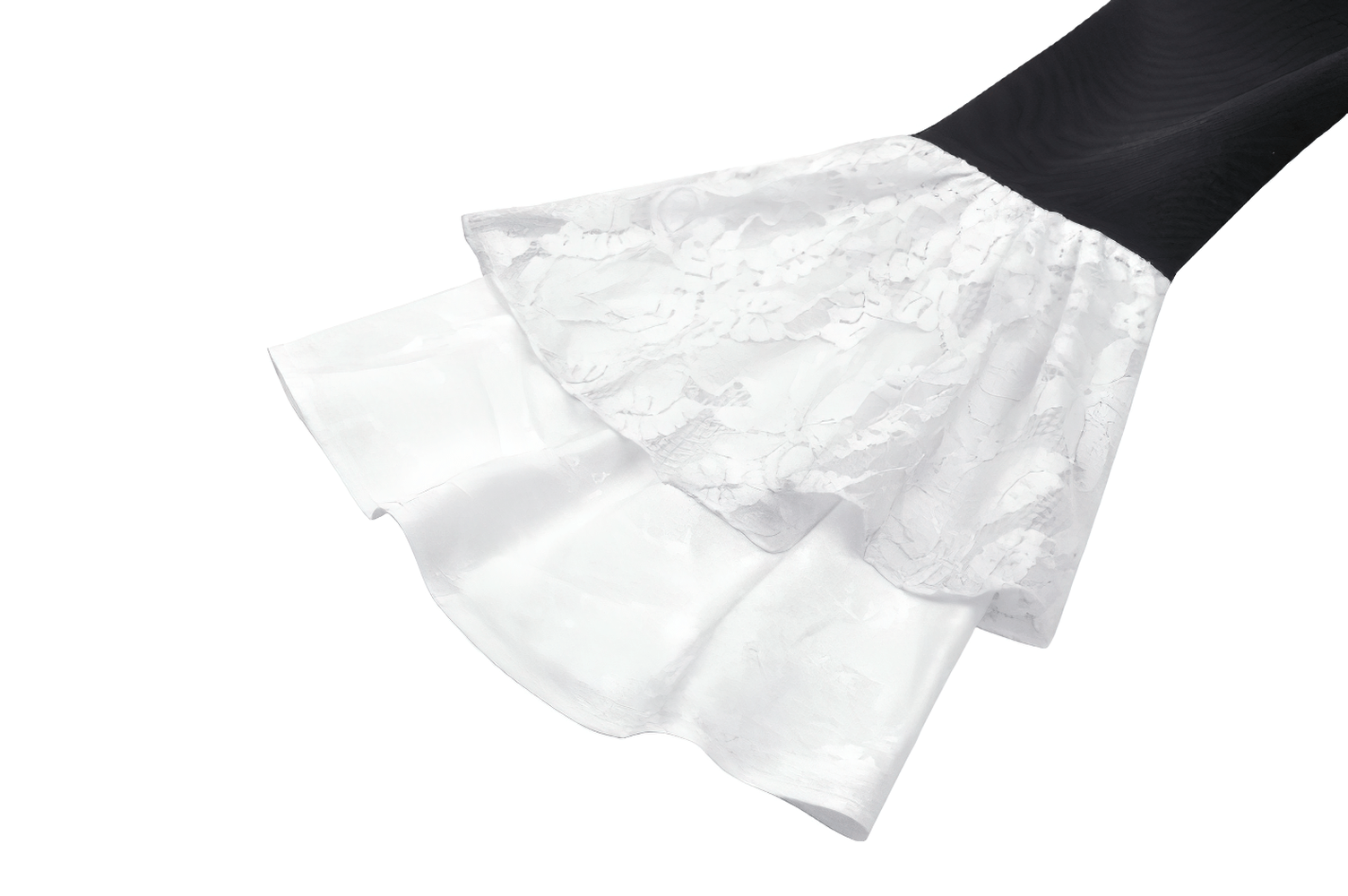 Vintage lace bell-sleeve peplum blouse detail in white lace with black body, adding elegance and flair.