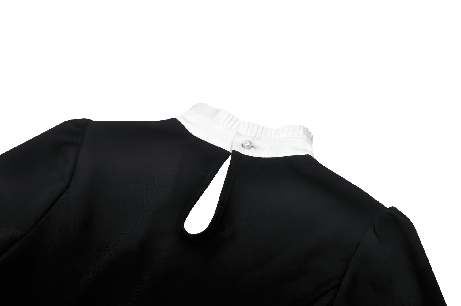 Back view of a vintage black blouse with a white lace collar and keyhole detail, showcasing elegant retro style.