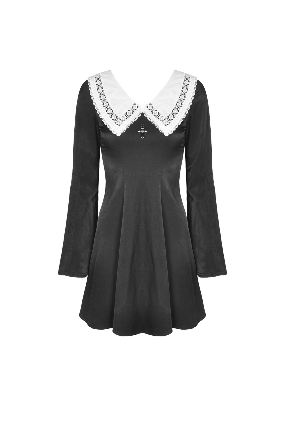 Elegant black dress with vintage lace collar and intricate embroidery detailing, perfect for any occasion.