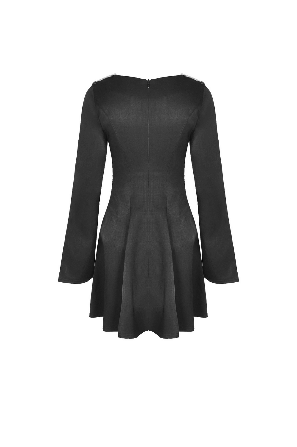 Back view of an elegant black A-line dress with long sleeves and a flattering silhouette.