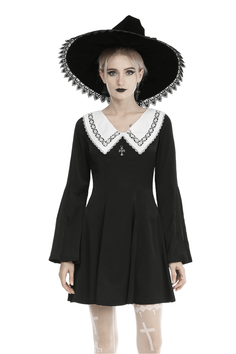Elegant black dress with vintage lace collar and witch hat, perfect for gothic charm and whimsical occasions.