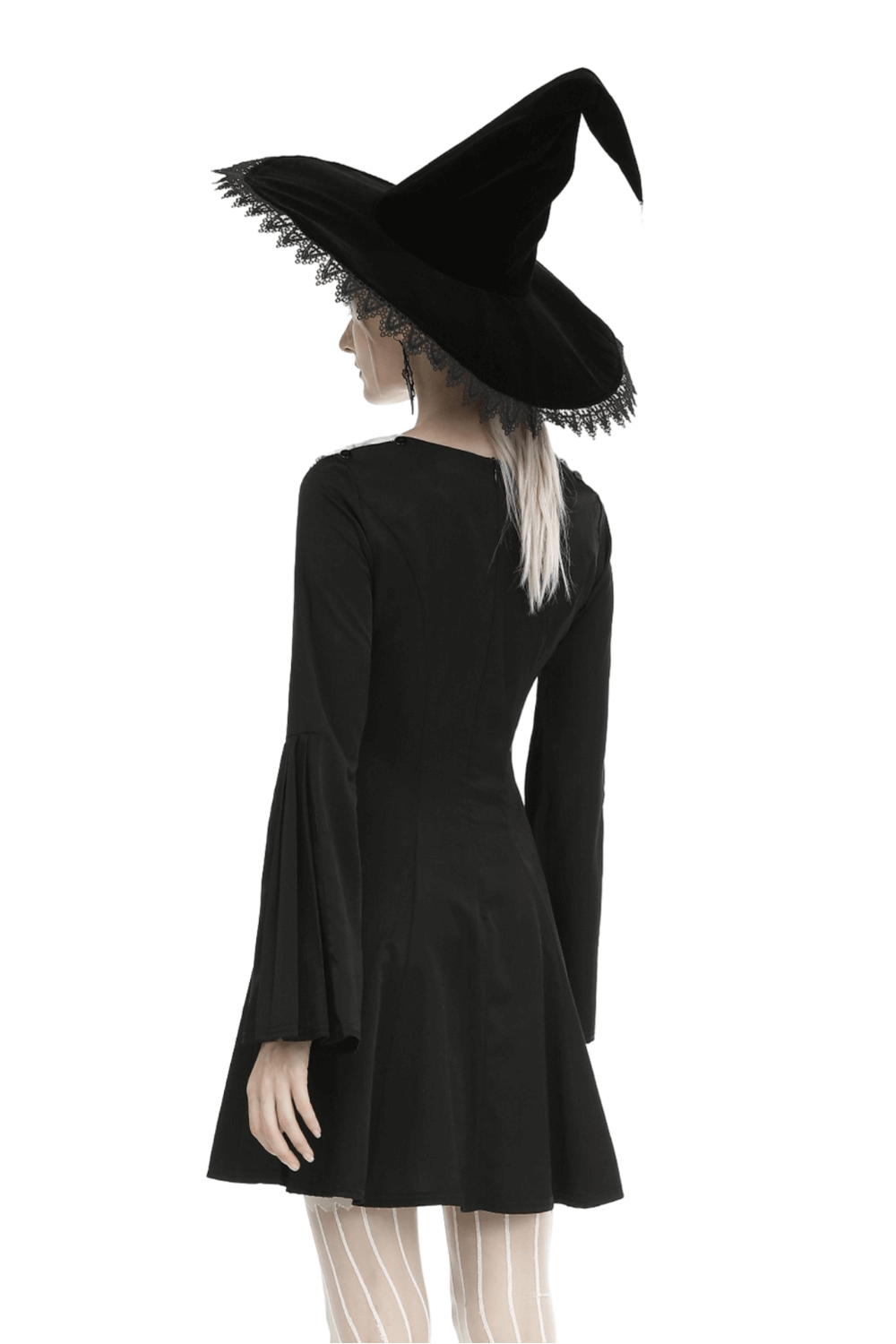 Chic black A-line dress with flared sleeves, paired with a classic witch hat for a stylish Halloween look.
