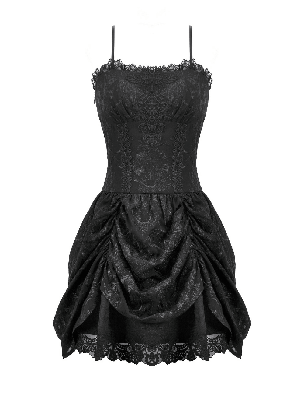 Vintage Lace Gothic Black Dress with Ruched Skirt for Women