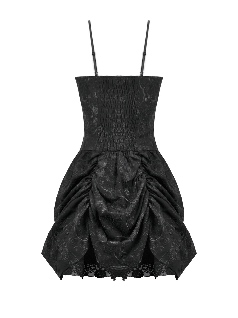Vintage Lace Gothic Black Dress with Ruched Skirt for Women showcasing elegant lace design and flared ruched skirt.