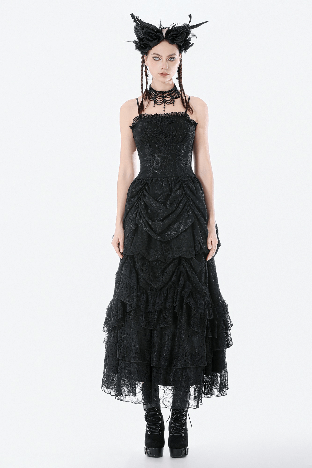 Vintage Lace Gothic Black Dress with Ruched Skirt for Women Vintage Lace Gothic Black Dress with Ruched Skirt for Women