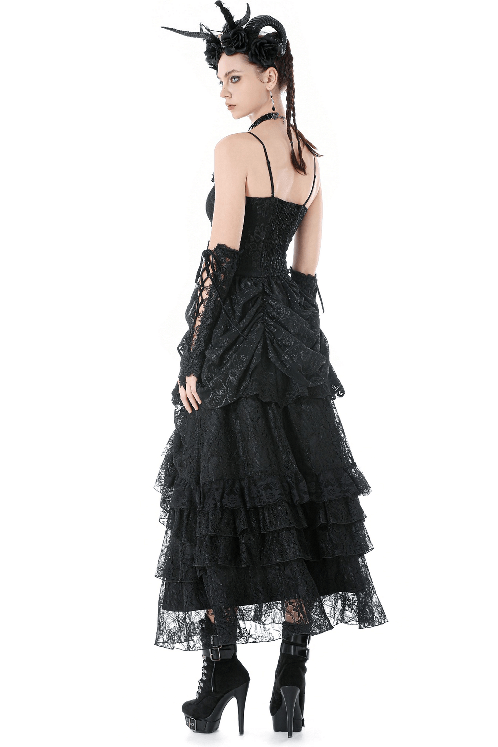 Vintage Lace Gothic Black Dress with Ruched Skirt for Women, showcasing a stunning layered design and elegant silhouette.