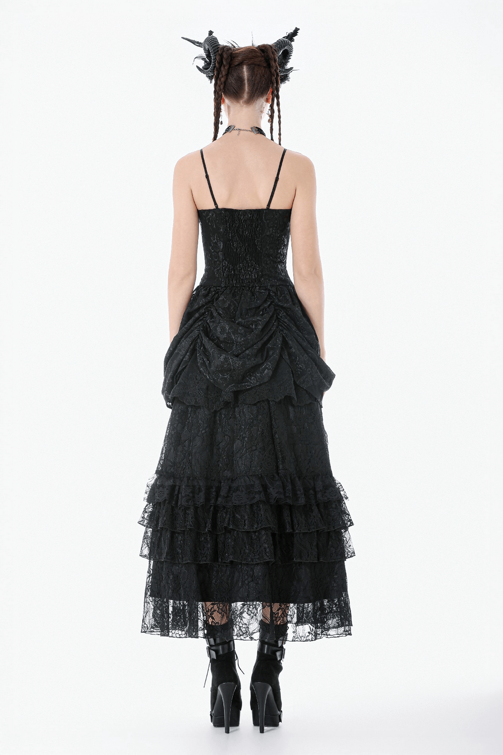 Vintage Lace Gothic Black Dress with Ruched Skirt for Women, showing the back view with layered lace design and adjustable straps.