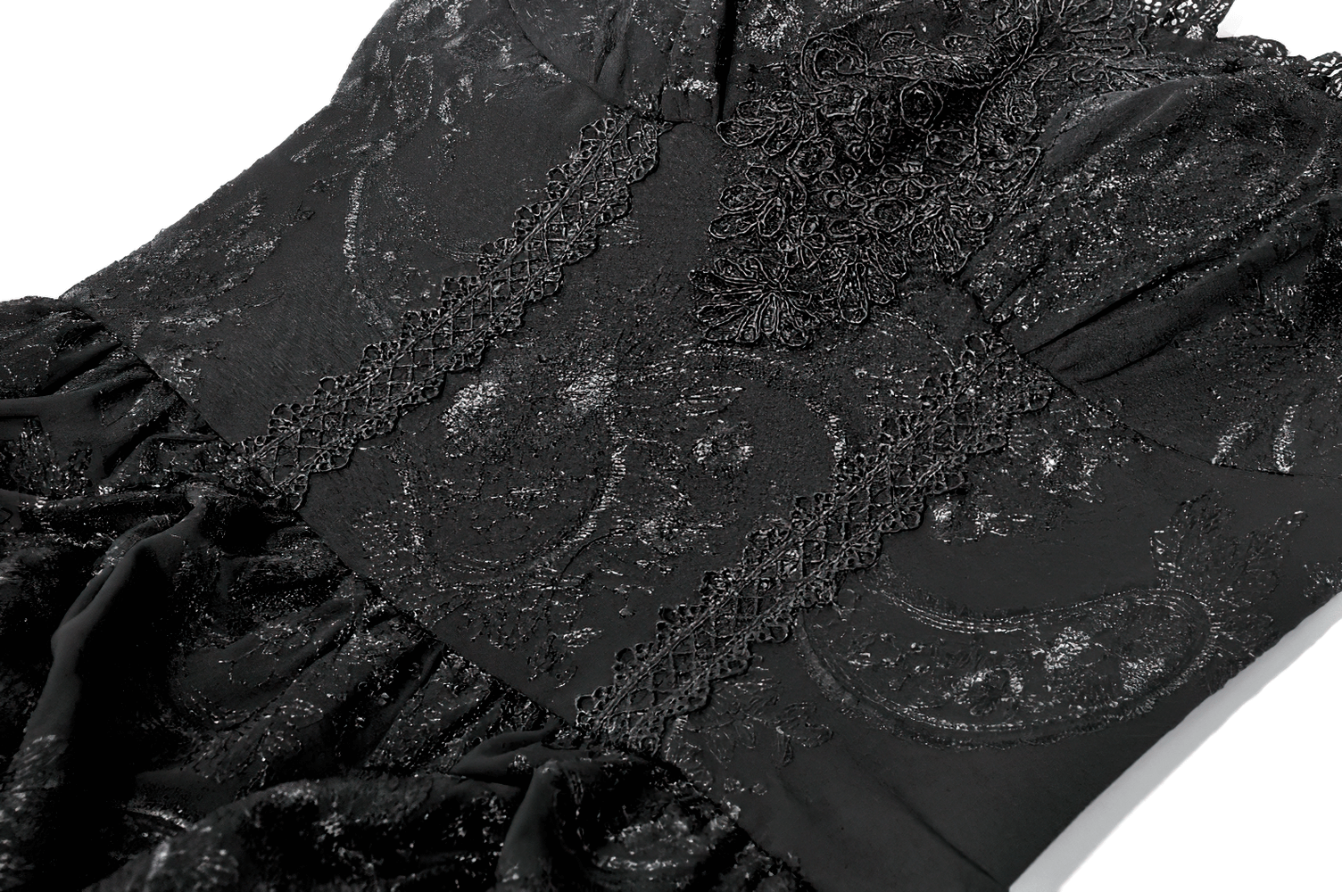 Vintage Lace Gothic Black Dress with Ruched Skirt for Women showing intricate lace detailing on the bodice.