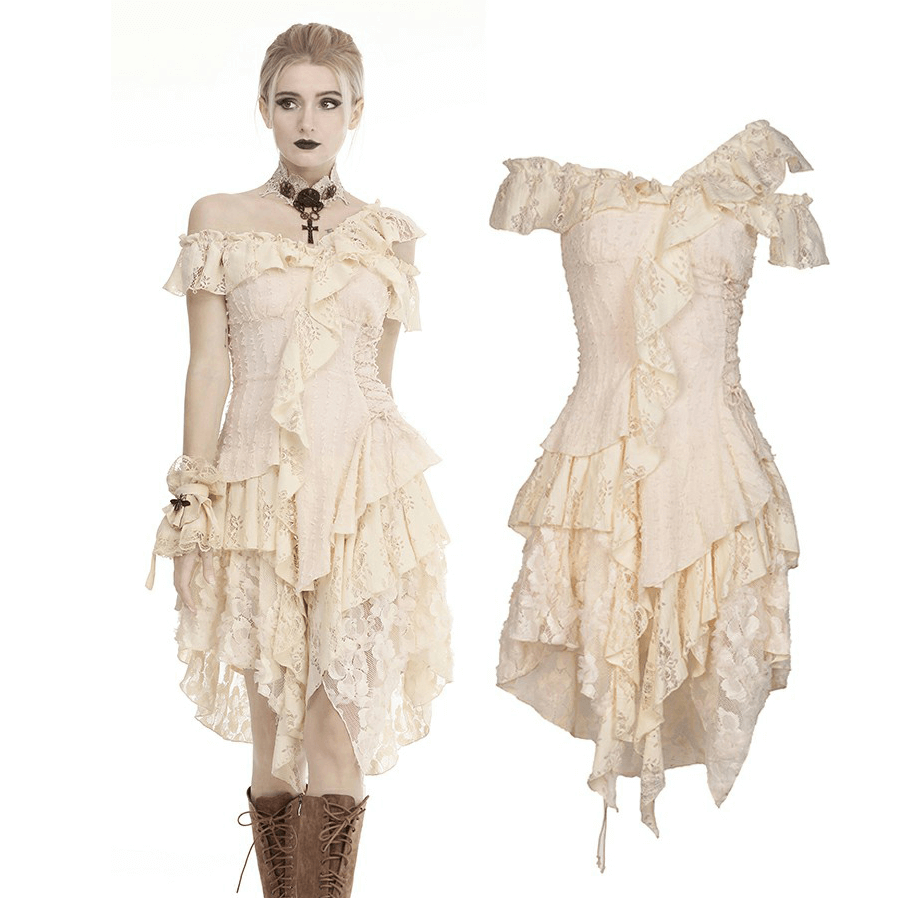 Elegant vintage lace layered dress with ruffles, off-shoulder design, showcasing Victorian charm and whimsical grace.