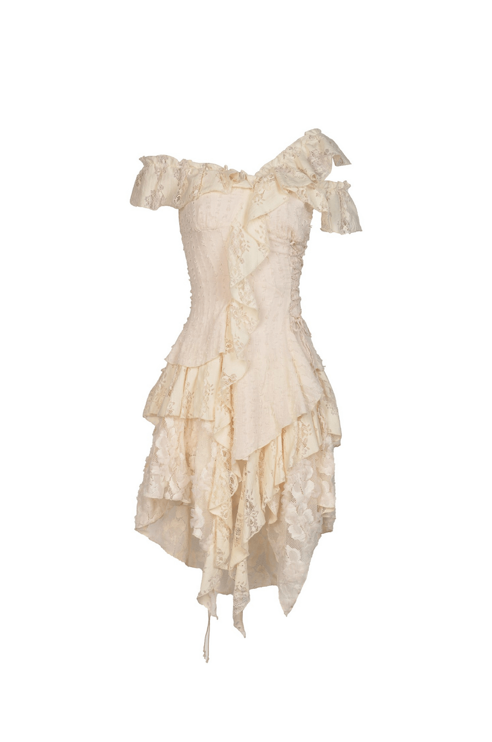 Elegant vintage lace layered dress with ruffled details and off-shoulder design, inspired by Victorian fashion.